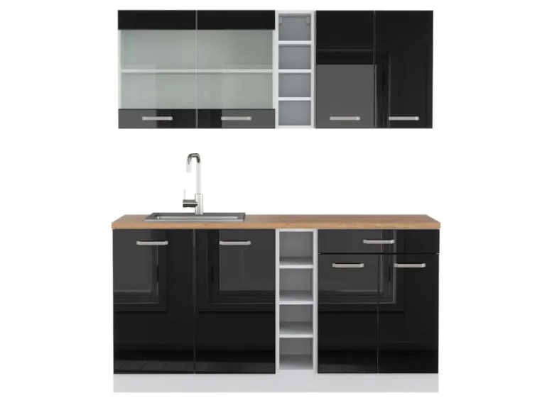 Vicco R-Line Singleküche Schwarz Hochglanz/Weiß 160 cm AP Eiche ohne E-Geräte