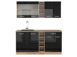 Vicco R-Line Singleküche Schwarz Hochglanz/Goldkraft Eiche 160 cm AP Eiche ohne E-Geräte