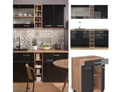 Vicco R-Line Singleküche Schwarz Hochglanz/Goldkraft Eiche 160 cm AP Eiche ohne E-Geräte