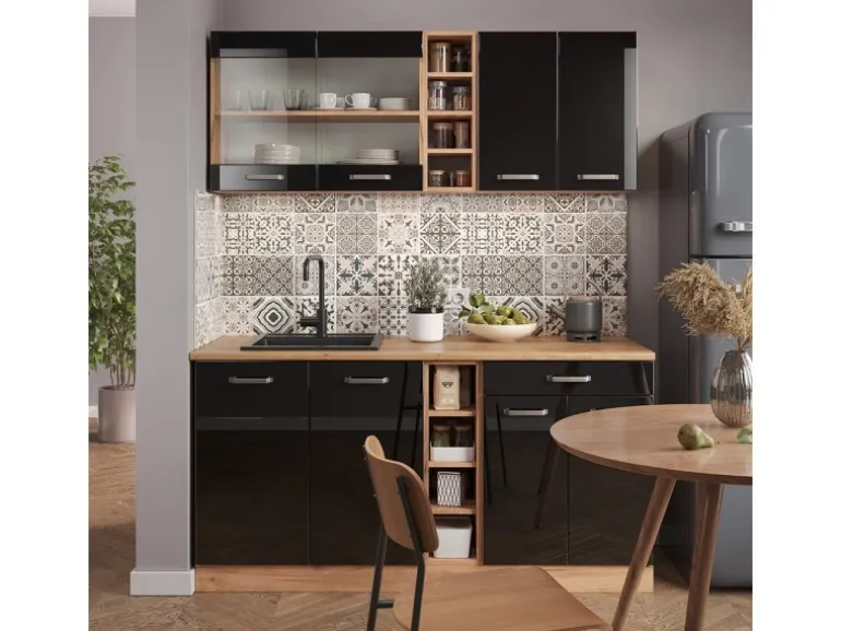 Vicco R-Line Singleküche Schwarz Hochglanz/Goldkraft Eiche 160 cm AP Eiche ohne E-Geräte