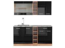 Vicco R-Line Singleküche Schwarz Hochglanz/Goldkraft Eiche 160 cm AP Marmor ohne E-Geräte