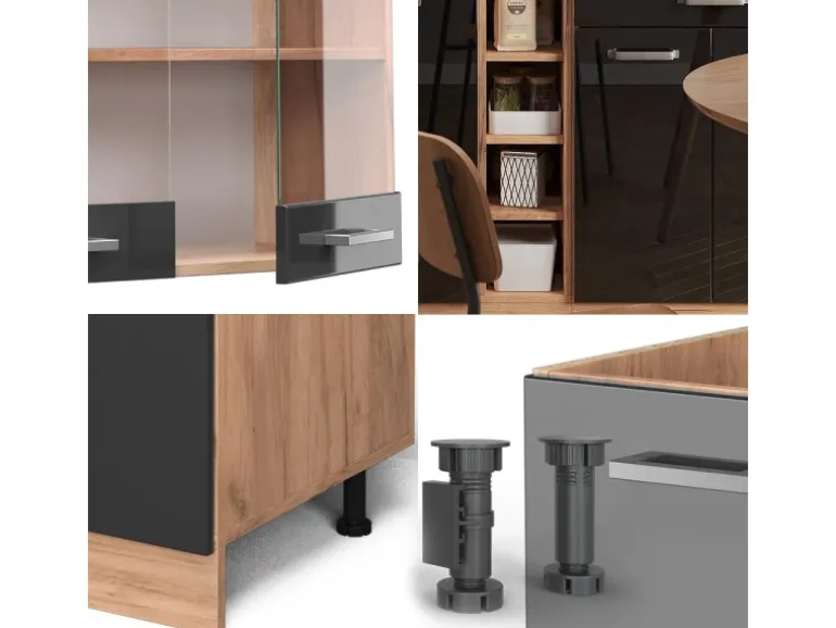 Vicco R-Line Singleküche Schwarz Hochglanz/Goldkraft Eiche 160 cm AP Marmor ohne E-Geräte