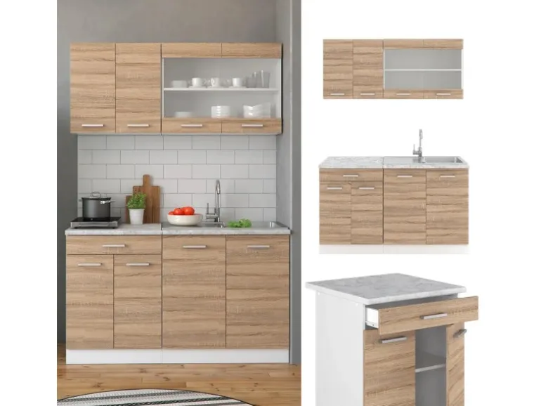 Vicco R-Line Singleküche Sonoma/Weiß 140 cm AP Eiche ohne E-Geräte