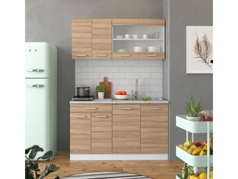 Vicco R-Line Singleküche Sonoma/Weiß 140 cm AP Eiche ohne E-Geräte