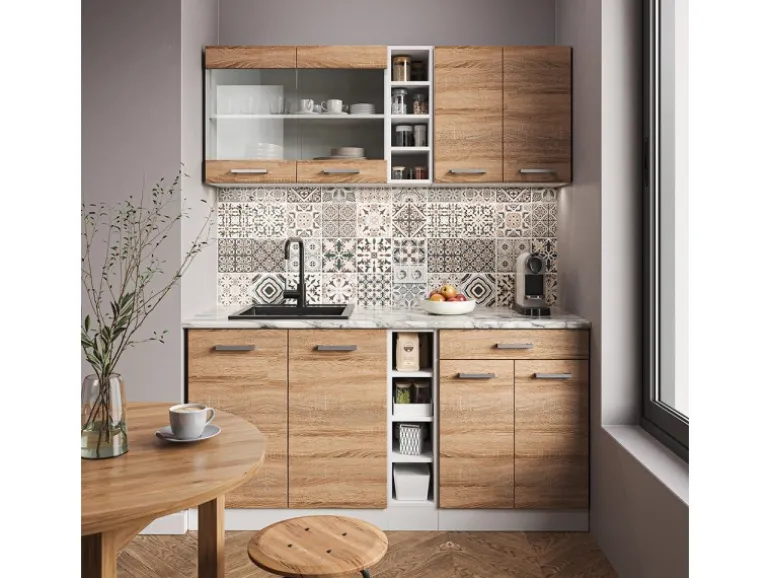 Vicco R-Line Singleküche Sonoma/Weiß 160 cm AP Marmor ohne E-Geräte