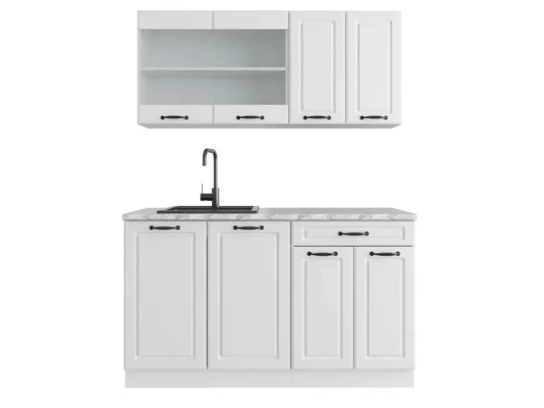 Vicco R-Line Singleküche Weiß Landhaus/Weiß 140 cm AP Marmor ohne E-Geräte