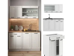 Vicco R-Line Singleküche Weiß Landhaus/Weiß 140 cm AP Marmor ohne E-Geräte