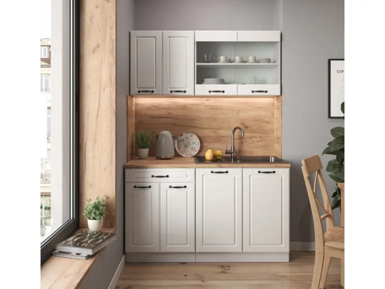 Vicco R-Line Singleküche Weiß Landhaus/Weiß 140 cm AP Marmor ohne E-Geräte