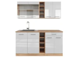 Vicco R-Line Singleküche Weiß Hochglanz/Goldkraft Eiche 160 cm ohne Arbeitsplatte ohne E-Geräte