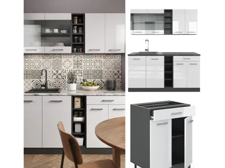 Vicco R-Line Singleküche Weiß Hochglanz/Anthrazit 160 cm AP Marmor ohne E-Geräte