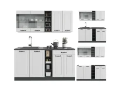 Vicco R-Line Singleküche Weiß Landhaus/Anthrazit 160 cm ohne Arbeitsplatte ohne E-Geräte