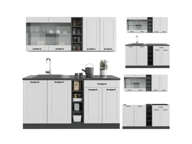 Vicco R-Line Singleküche Weiß Landhaus/Anthrazit 160 cm ohne Arbeitsplatte ohne E-Geräte