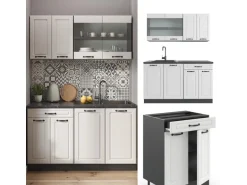 Vicco R-Line Singleküche Weiß Landhaus/Anthrazit 140 cm AP Marmor ohne E-Geräte