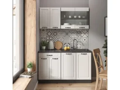 Vicco R-Line Singleküche Weiß Landhaus/Anthrazit 140 cm AP Marmor ohne E-Geräte