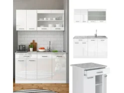 Vicco R-Line Singleküche Weiß Hochglanz/Weiß 140 cm AP Eiche ohne E-Geräte