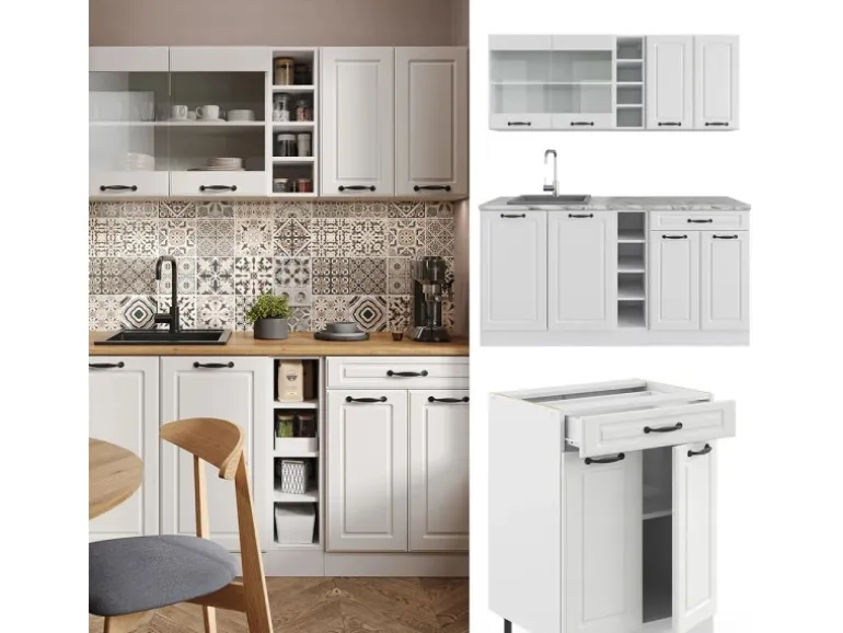 Vicco R-Line Singleküche Weiß Landhaus/Weiß 160 cm AP Marmor ohne E-Geräte