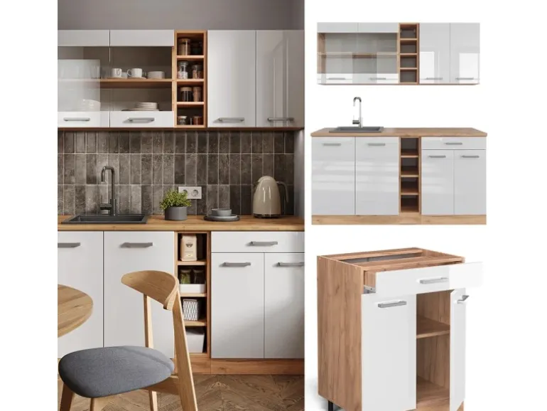 Vicco R-Line Singleküche Weiß Hochglanz/Goldkraft Eiche 160 cm AP Marmor ohne E-Geräte