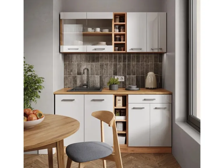 Vicco R-Line Singleküche Weiß Hochglanz/Goldkraft Eiche 160 cm AP Marmor ohne E-Geräte