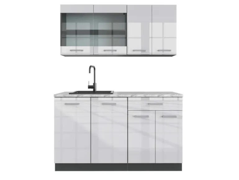 Vicco R-Line Singleküche Weiß Hochglanz/Anthrazit 140 cm AP Marmor ohne E-Geräte