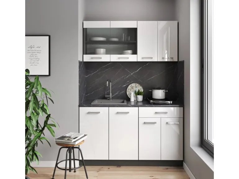 Vicco R-Line Singleküche Weiß Hochglanz/Anthrazit 140 cm AP Marmor ohne E-Geräte