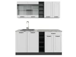 Vicco R-Line Singleküche Weiß Landhaus/Anthrazit 160 cm AP Marmor ohne E-Geräte