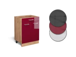 Vicco Schubladenschrank R-Line Schubladenschrank für die Küche Bordeaux Hochglanz 60 cm AP Marmor