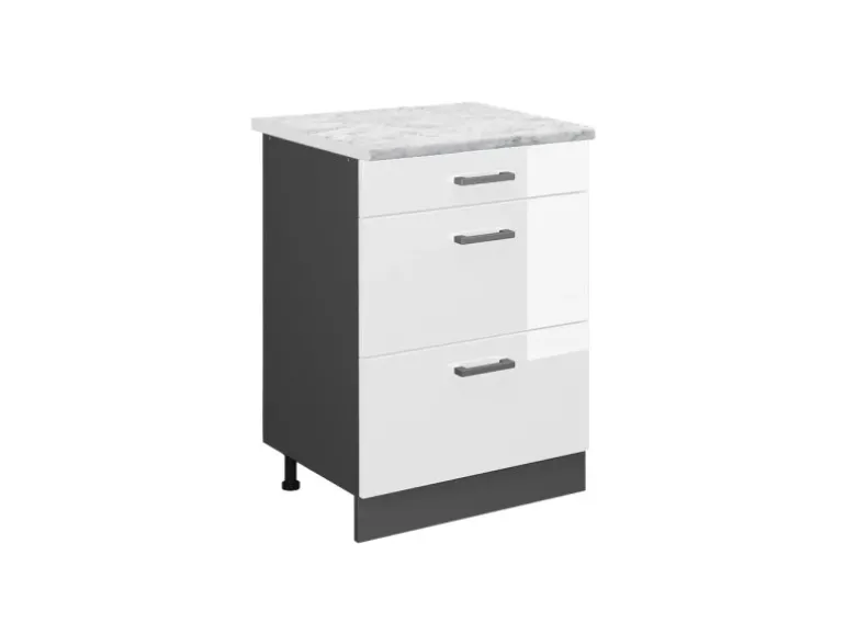 Vicco Schubladenschrank R-Line Schubladenschrank für die Küche Weiß Hochglanz 60 cm AP Marmor