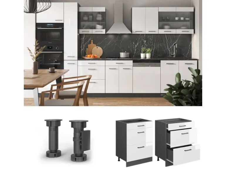 Vicco Schubladenschrank R-Line Schubladenschrank für die Küche Weiß Hochglanz 60 cm AP Marmor