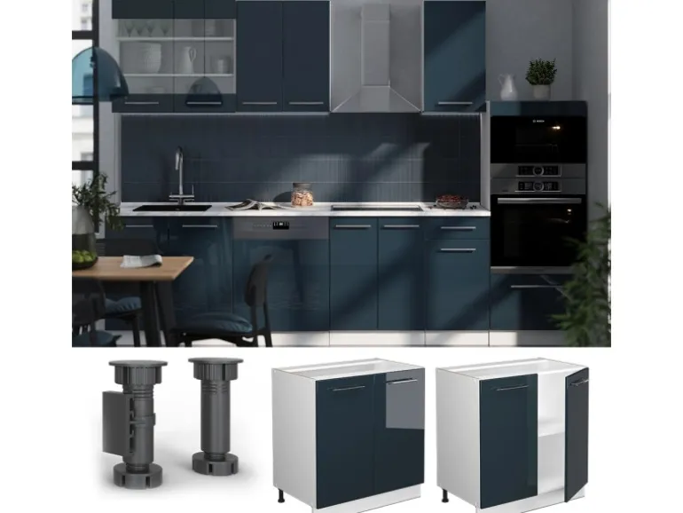 Vicco Spülenunterschrank Fame-Line Dunkelblau Hochglanz/Weiß 80 cm mit Regal AP Marmor