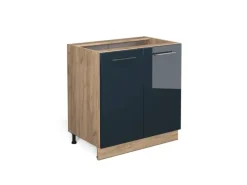 Vicco Spülenunterschrank Fame-Line Dunkelblau Hochglanz/Goldkraft Eiche 80 cm mit Regal ohne Arbeitsplatte