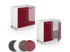 Vicco Spülenunterschrank Fame-Line Bordeaux Hochglanz/Weiß 80 cm mit Regal AP Marmor
