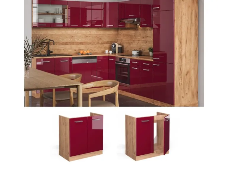 Vicco Spülenunterschrank R-Line Bordeaux Hochglanz/Goldkraft Eiche 80 cm AP Eiche
