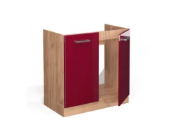 Vicco Spülenunterschrank R-Line Bordeaux Hochglanz/Goldkraft Eiche 80 cm AP Eiche