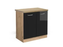 Vicco Spülenunterschrank R-Line Schwarz Hochglanz/Goldkraft Eiche 80 cm AP Eiche