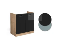 Vicco Spülenunterschrank R-Line Schwarz Hochglanz/Goldkraft Eiche 80 cm AP Eiche