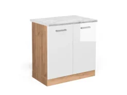 Vicco Spülenunterschrank R-Line Weiß Hochglanz/Goldkraft Eiche 80 cm AP Marmor