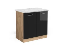 Vicco Spülenunterschrank R-Line Schwarz Hochglanz/Goldkraft Eiche 80 cm AP Marmor