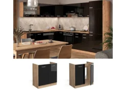 Vicco Spülenunterschrank R-Line Schwarz Hochglanz/Goldkraft Eiche 80 cm AP Marmor