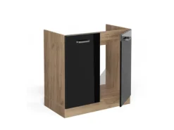 Vicco Spülenunterschrank R-Line Schwarz Hochglanz/Goldkraft Eiche 80 cm AP Marmor