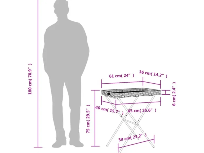 vidaXL Tabletttisch Klappbar Grau 65x40x75 cm Poly Rattan 365129