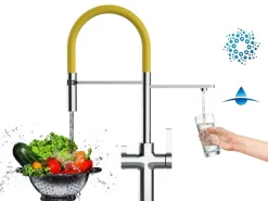 VIZIO 4 Wege Wasserhahn Küchenarmatur FC mit 360° Schwenkbarem Auslauf Abnehmbare 2 Strahl Handbrause Verchromt   Gelb