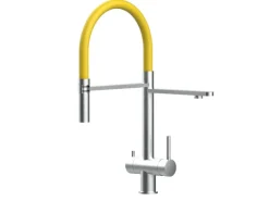 VIZIO 3 Wege Wasserhahn Küchenarmatur Edelstahl Massiv mit 360° Schwenkbarem Auslauf Abnehmbare 2 Strahl Handbrause Gebürstet   Gelb