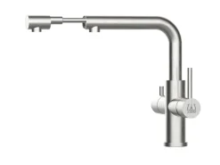 VIZIO 3 Wege Wasserhahn Küchenarmatur Edelstahl Massiv mit Schwenkbarem L Auslauf und Herausziehbarer Brause Gebürstet