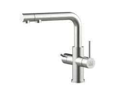 VIZIO 3 Wege Wasserhahn Küchenarmatur Edelstahl Massiv mit Schwenkbarem L Auslauf und Herausziehbarer Brause Gebürstet