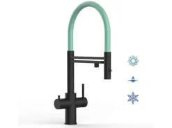 VIZIO 5 Wege Wasserhahn Küchenarmatur Edelstahl Massiv mit 360° Schwenkbarem Auslauf Abnehmbare 2 Strahl Handbrause PVD Schwarz Matt   Türkis