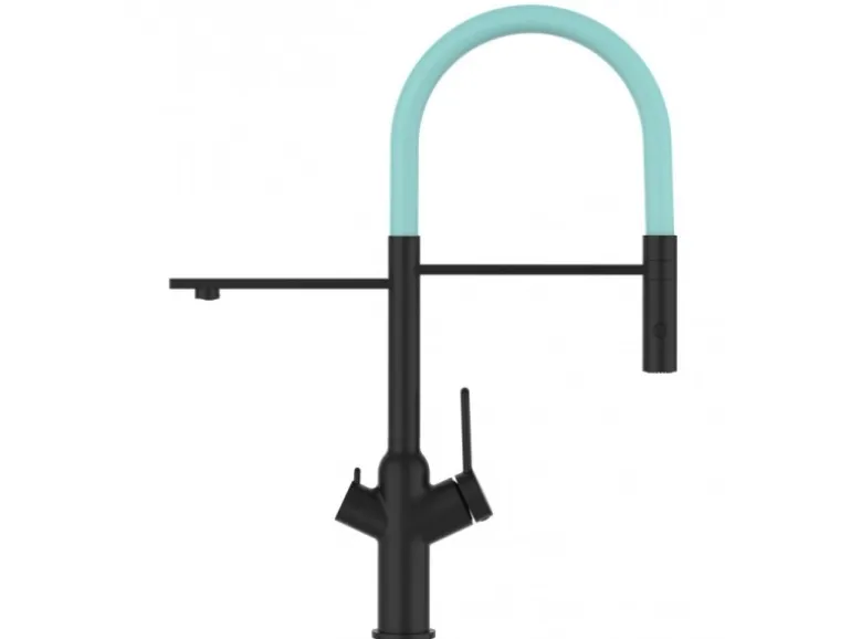 VIZIO 3 Wege Wasserhahn Küchenarmatur BOD mit 360° Schwenkbarem Auslauf Abnehmbare 2 Strahl Handbrause Schwarz Matt Türkis