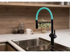 VIZIO 3 Wege Wasserhahn Küchenarmatur BOD mit 360° Schwenkbarem Auslauf Abnehmbare 2 Strahl Handbrause Schwarz Matt Türkis