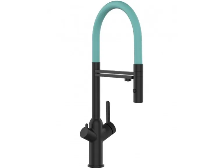 VIZIO 3 Wege Wasserhahn Küchenarmatur BOD mit 360° Schwenkbarem Auslauf Abnehmbare 2 Strahl Handbrause Schwarz Matt Türkis