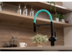 VIZIO 3 Wege Wasserhahn Küchenarmatur BOD mit 360° Schwenkbarem Auslauf Abnehmbare 2 Strahl Handbrause Schwarz Matt Türkis