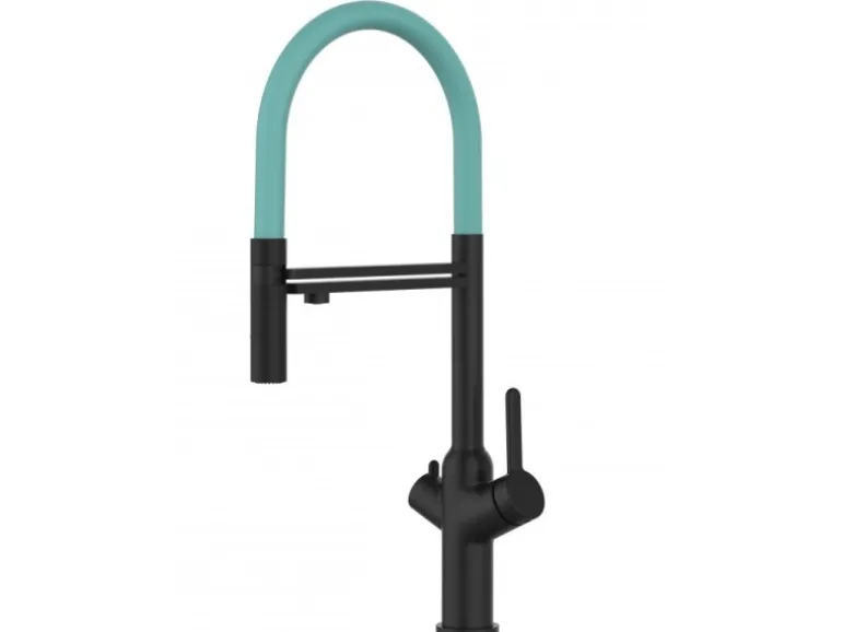 VIZIO 3 Wege Wasserhahn Küchenarmatur BOD mit 360° Schwenkbarem Auslauf Abnehmbare 2 Strahl Handbrause Schwarz Matt Türkis